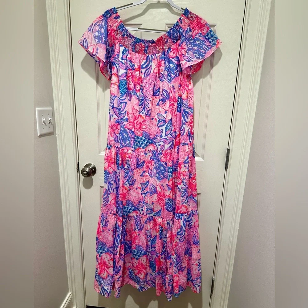 Lilly Pulitzer Dezi Off Shoulder Maxi Dress Pink Snappy Turtle - Picture 7 of 7